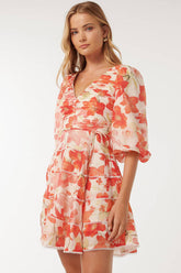 V Neck Ruched Puff Sleeve Floral Print Ribbon Mini Dresses-Red